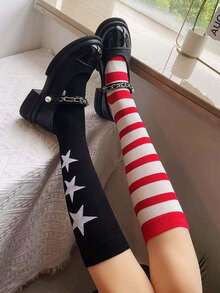 1双红色条纹中筒袜，个性化AB袜，韩版时尚显瘦过膝袜，春夏中筒袜；1双美式运动不对称星形条纹过膝袜，女士时尚休闲四季袜 - 彩色 - 查看 2