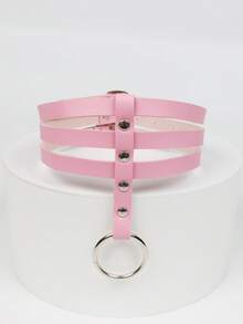 Women's Stylish Edgy Pastel Pink Collar - Multi-Strap Metal Ring Decor Cool Collar, Halloween Carnival Dance Party Outfit Accessory Collar - Pink - View 2