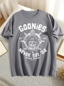 Durable Cotton, Goonies Never Say Die Men's Retro Style Cotton T-Shirt - Comfortable Crew Neck, Short Sleeve, Skull And Crossbones Pattern, EstDesigned In 1985, An Ideal Choice For Casual Clothing, Casual Clothing T-Shirt|Casual Crew Neck|Durable Fabric Round-Neck T-Shirt,Versatile & Everyday Wear,Year-Round Essential, Unisex Pattern Top Gift For Men Women, Fall Clothes,New Years Outfit Women Winter Clothes For Women,Graphic Tee - Grey - View 14