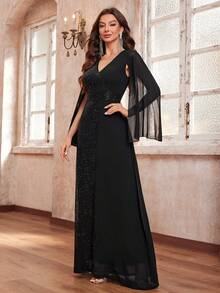 YISIKADO Elegantes Paillettenkleid mit Chiffon-Kontrast, Abendparty, Hochzeitsgast, Brautjungfer, Bankett, Abschlussball, Damenkleid - Schwarz - Übersicht 4