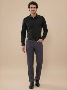 pthirillo Calça Social Masculina Slim Fit Executiva Tecido Poliéster Clássico Formal com Barra em acabamento em overloque - Cinza Escuro - Visão 3