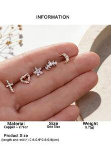 5pcs Women's Casual Fashion Moon, Heart, Cross Shaped Ear Cartilage Studs, Suitable For Daily Wear, Birthday Party, Gift, Party Outfit, Jewelry Earring Set