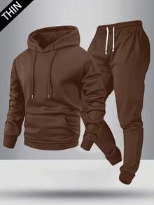 Men's Lightweight Hoodie And Sweatpants Set, Casual Outfit With Pockets, Drawstring Waist Pants, Versatile For Spring/Autumn, Suitable As Gift For Husband/Boyfriend, Street, Commute, Outdoor, Holiday - Coffee Brown - View 1