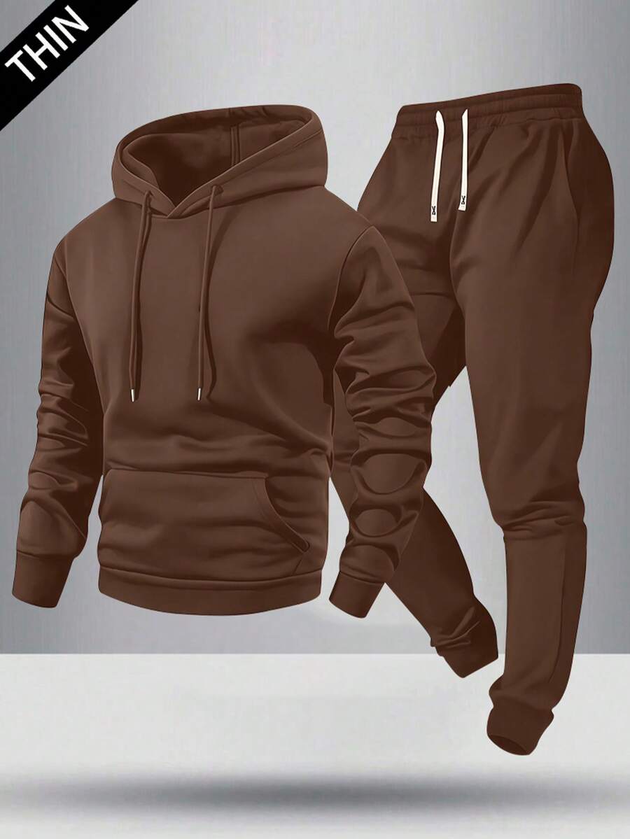 Men's Lightweight Hoodie And Sweatpants Set, Casual Outfit With Pockets, Drawstring Waist Pants, Versatile For Spring/Autumn, Suitable As Gift For Husband/Boyfriend, Street, Commute, Outdoor, Holiday - Coffee Brown - View 1