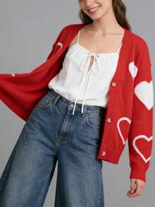 Womens Heart Cardigan Sweaters Valentines Oversized Winter Button Up Cute Knit Sweater - Red - View 5