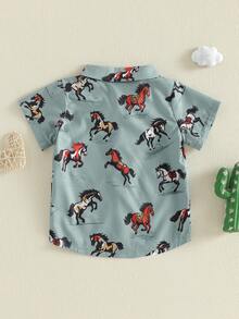 Baby Boys Western Shirts Short Sleeve Horse/Boots Print Button Down Shirts Toddler Summer Tops - Màu xanh lam - Xem 7