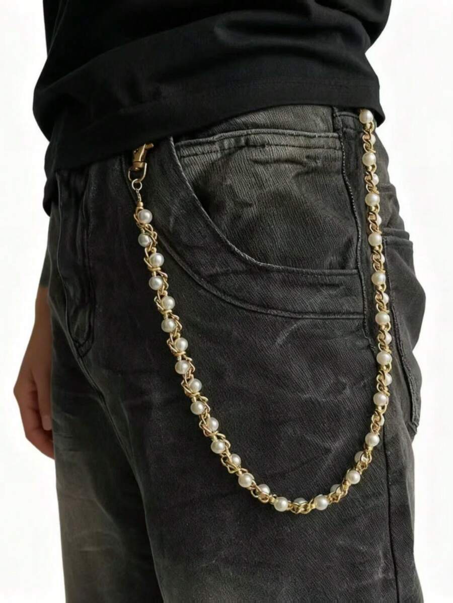 1件嘻哈风仿珍珠缠绕链条腰带，时尚INS风吊坠链条腰链配饰 - 金色 - 查看 1