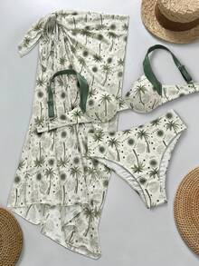 Plant Print Underwire Bikini With Mesh Overskirt Vacation Style Three Pieces Set - Multicolor - View 2