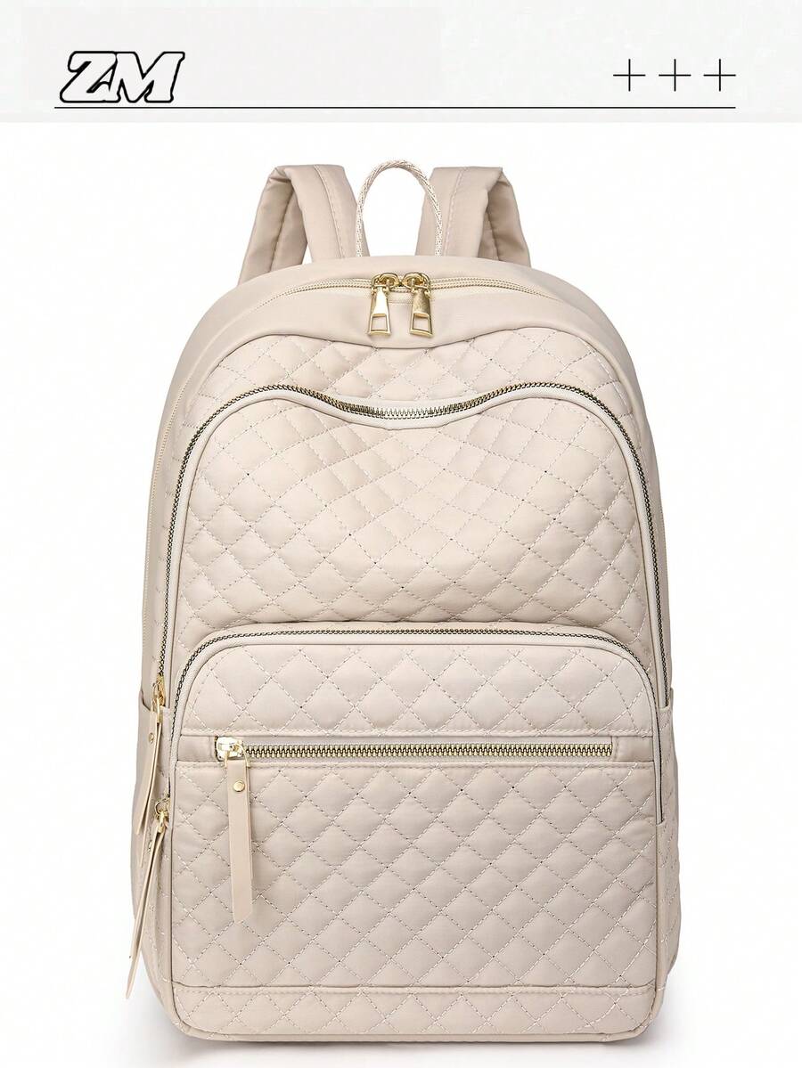 Ransel Wanita Bahan Nylon Warna Polos Berbahan Quilted, Kapasitas Besar, Serbaguna, Ransel Minimalis Kasual untuk Pelajar, Tas Perjalanan, Tas Komuter