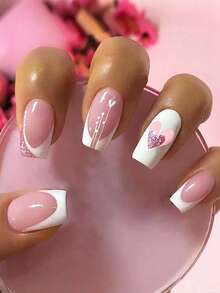 مجموعة أظافر فرنسية مربعة متوسطة مشكلة بقلب 24 قطعة، جل أظافر أكريليك هولوغرافي لعيد الحب، أظافر اصطناعية بيضاء/وردية من طراز Y2K، مزينة بغبار أظافر، مناسبة للاستخدام اليومي وحفلات العطلات والهدايا في صالونات الأظافر DIY للفتيات والنساء - متعدد الألوان - مشاهدة 1