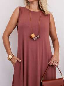 Long Dress In Viscose/Lycra Blend With Side Pockets. - Chocolate Brown - View 4