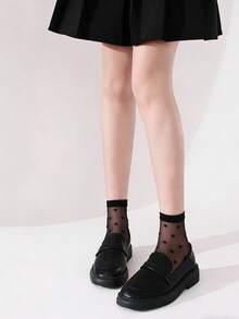 5 pares de calcetines cortos transpirables y transparentes con lunares lindos para niñas, de material de malla ligero, adecuados para el uso diario de niñas en primavera/verano - Negro - Ver 3