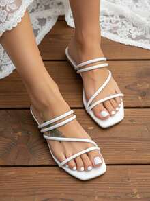 Women's Fashion Casual Vacation Style Square Toe Strap PU Open Toe Slip-On Comfortable Lightweight Summer White Indoor/Outdoor Flat Sandals - White - View 7