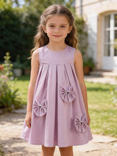 Young Girl's Casual Fashion School Style Cute Bow Decor Sleeveless Solid Color Dress, Suitable For Outdoor, Back To School, Commute, Social Gathering, Spring/Summer