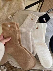 4 Pairs Women's Autumn/Winter Thickened Mid-Calf Socks, Warm, Korean Style Heart Pattern, Solid Color, Non-Slip, Wool Blend, Random Assortment - Multicolor - View 3