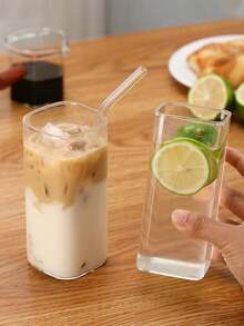 1PC Square Glass Cup, Modern Crystal Clear Highball Tumbler, Unique Versatile Drinkware For Iced Coffee/Cocktails/Water/Juice, Home Kitchen & Bar Essential (Without Straw) - Multicolor - View 1