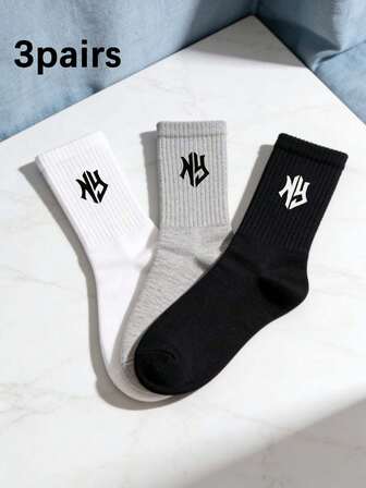 3 Pairs Unisex Letter Print Crew Socks, Soft & Comfortable Casual Socks, Suitable For Spring/Summer, Back To School, Daily Wear, All Seasons