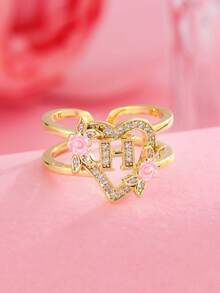 1 pieza Anillo con inicial de flor en tono dorado A-Z con corazón de circonita cúbica, anillo abierto ajustable para mujeres, joyería de regalo de cumpleaños personalizada - Amarillo Oro - Ver 27