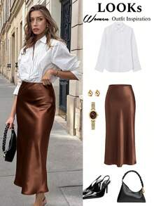 Đầm maxi đuôi cá màu trơn thanh lịch dành cho nữ, thích hợp cho công sở, đi làm, sinh nhật, Giáng sinh, Năm mới, đám cưới và các dịp hàng ngày. - màu nâu - Xem 1