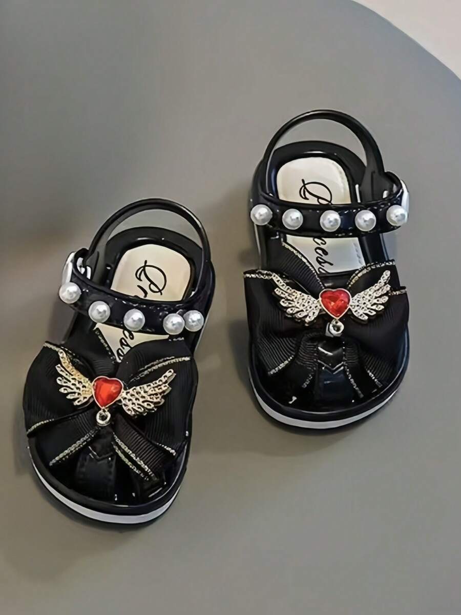 Girls' Pearl Heart Sandals, Korean Style Fashion Soft Bottom Sandals - Black - View 1
