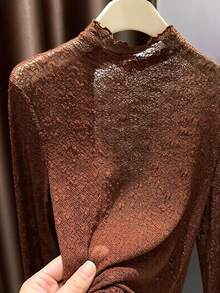 Autumn/Winter Turtleneck Long Sleeve Undershirt, Elegant Sheer Mesh Lace Overlay Top - Brown - View 3