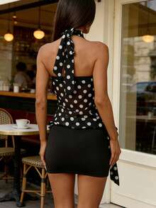 2026 Summer New Arrival Black Base With Large White Polka Dots Spaghetti Strap Halter Neck Slightly Sheer Chiffon Fitted Cropped Top Bow Tie Back Detail Sweet & Spicy Retro Hepburn Style Perfect For Dates, Parties & Vacations - Black - View 8