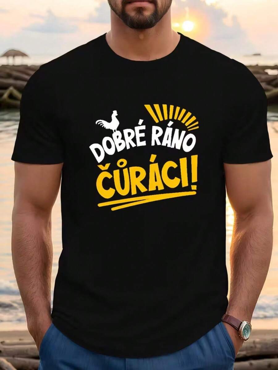 Camiseta con frase checa humorística para hombre - Camiseta azul real con cuello redondo y gráfico de "Dobre Rano Good Morning" - Ropa ligera de verano para viajeros, ropa casual y fans de la cultura checa, atuendo de viaje, estampado llamativo, estilo cómodo - Negro - Ver 1