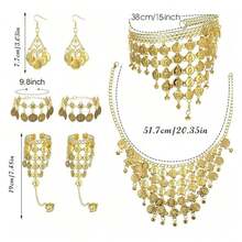 8件套肚皮舞首饰套装，女士肚皮舞金色亮片头链、硬币项链、耳环、手链、波西米亚流苏脚链、手镯、脚链、硬币面纱项链、头饰、配饰 - 金色 - 查看 4