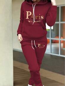 2026 Valentine Outfits For WomenWomen's Autumn Clothing Fleece Casual Set Fashion Printed Hoodie  Loose And Comfortable Christmas Fit WomenLoose And Comfortablevalentine's Day - 酒紅色 - 查看 1