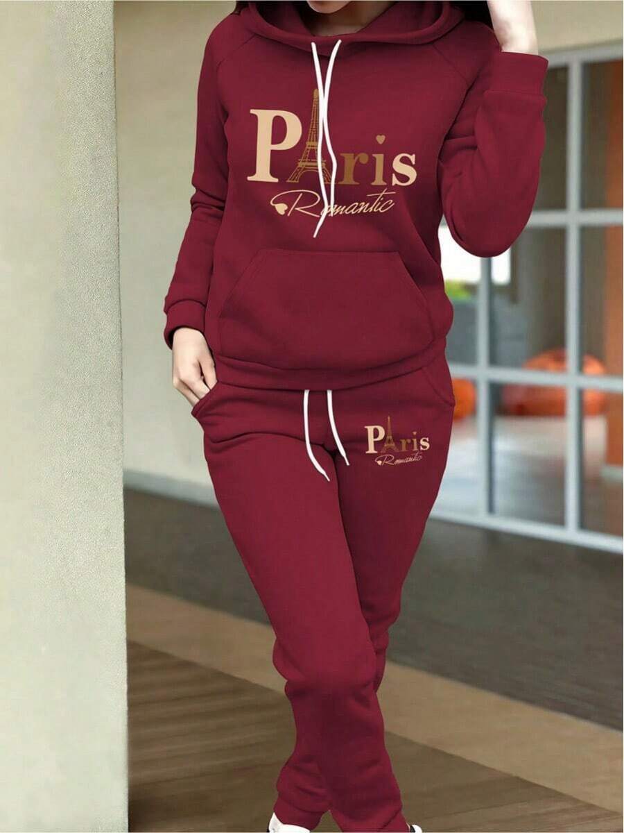 2026 Valentine Outfits For WomenWomen's Autumn Clothing Fleece Casual Set Fashion Printed Hoodie  Loose And Comfortable Christmas Fit WomenLoose And Comfortablevalentine's Day - 酒紅色 - 查看 1