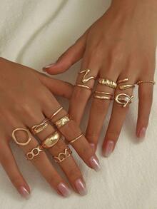15 Pcs/Set Punk Rings Set For Women Vintage Geometric Rings Set Fashion Personalized Jewelry Gifts Match With Daily Outfits, Party Accessories - Gold - View 2