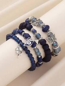 Bộ 4 vòng tay hạt thủy tinh phong cách Bohemian quyến rũ với hình mắt, cỏ bốn lá, trái tim, bướm, và hạt bồ đề, thích hợp cho nữ giới đeo hàng ngày, đi biển và du lịch. - Mắt, cỏ bốn lá, bướm - Xem 6