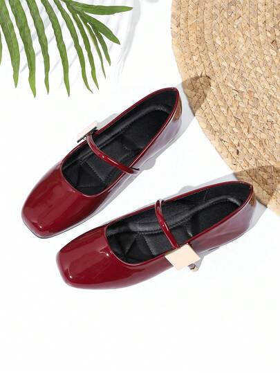 New Vintage Mary Jane Breeze Elegant Shoes, Versatile Square Toe Leather Shoes, Plus Size Wine Red