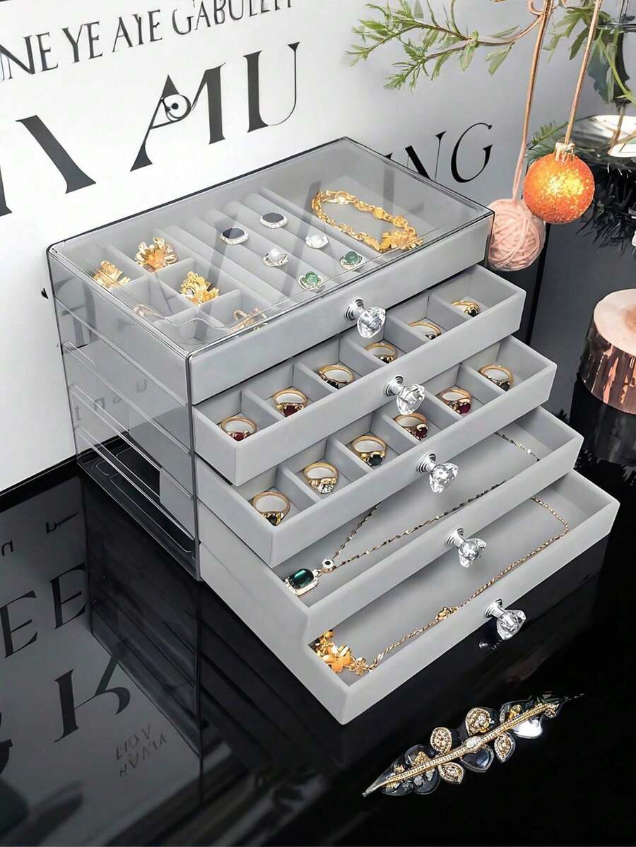 1pc 5-Tier Transparent Acrylic Jewelry Box, Large Capacity Jewelry Storage Box, Drawer Style Jewelry Display Case With Adjustable Velvet Trays, Suitable For Earrings, Rings, Bracelets, Necklaces, Ideal For Home Jewelry Organization