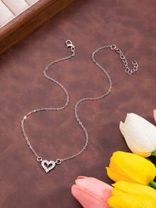 1pc Fashionable Minimalist Micro-Inlaid Heart Pendant Necklace, Elegant & Charming Jewelry Gift For Women On Valentine's Day