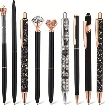 Set de 9 bolígrafos de cristal negro brillante con recambios de tinta negra, ideales para la escuela, el hogar y la oficina, un gran regalo para educadores, adecuado como regalo de Navidad, suministros de oficina, papelería escolar
