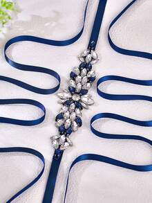 1pc Fashion Short Wedding Belt, Navy Blue Crystal Embellished With Black Ribbon, Handmade Formal Dress Sash - Navy Blue Ribbon - View 5