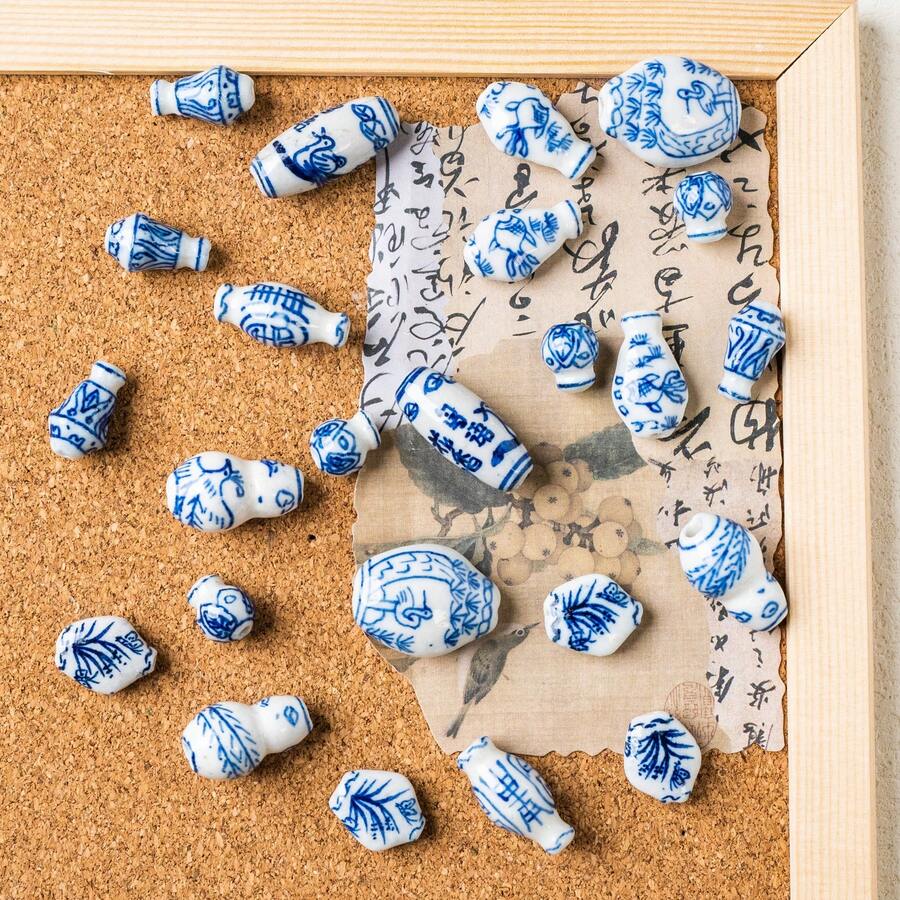 5pcs Elegant Vase Series Straight Hole Beads Hand-Painted Vintage Blue And White Ceramic Beads, Suitable For DIY Bracelets, Necklaces, Earrings, Phone Chains, Bag Charms, Jewelry Accessories, Loose Beads, Holiday Gifts - Blue and White - View 1