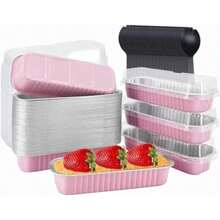 Moldes para pasteles con tapa, 100 mini moldes para pan de aluminio, 100 cucharas de postre con tapa, reutilizables, 6.8 oz, 200 ml, horneables, aptos para pasteles, brownies ()(rosa) - Multicolor - Ver 2