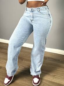 Chicsale Women's Straight Leg Denim Pants - Elegant Wide Leg Floor-Length Jeans With Button & Zipper, Relaxed Fit Casual Trousers For Everyday Outings - Rửa nhẹ - Xem 10