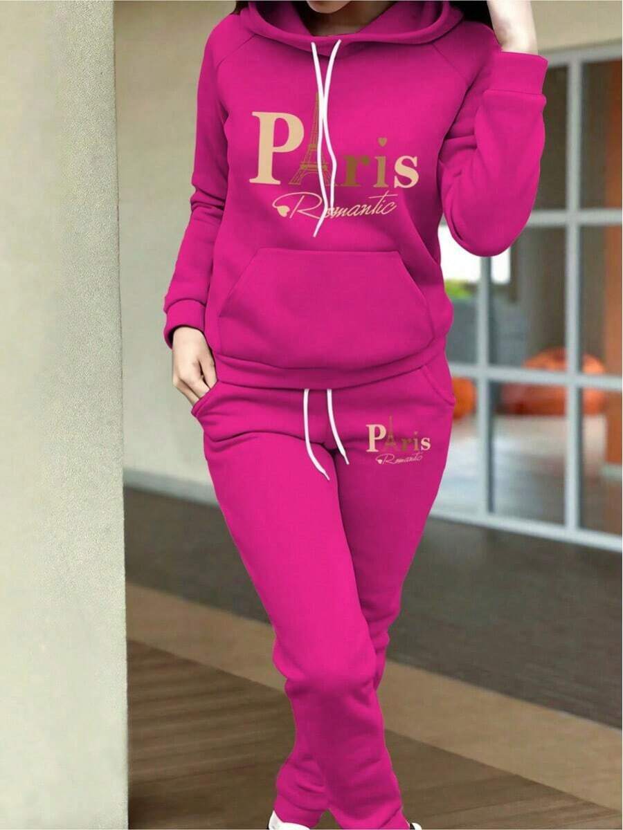 2026 Valentine Outfits For WomenWomen's Autumn Clothing Fleece Casual Set Fashion Printed Hoodie Loose And Comfortable Christmas Fit WomenLoose And Comfortablevalentine's Day - 玫紅色 - 查看 1