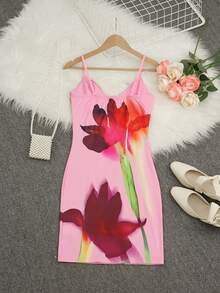 2025年夏季新款粉色热带花卉印花细肩带修身派对/度假连衣裙 - 粉色 - 查看 5