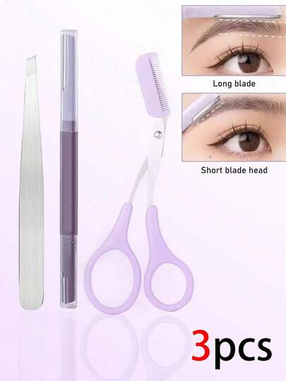 3pcs Eyebrow Trimming Kit, Including Double-Ended Eyebrow Shavers, Eyebrow Scissors With Combs, Tweezers, Portable Eyebrow Trimmers, For Beginners To Prevent Scratches, Beauty Tools