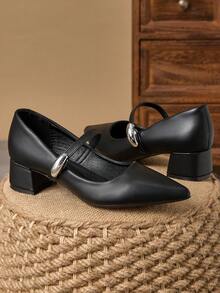 MonaNise Retro Mary Jane Pumps, Pointed Toe, Slip-On, Casual, Versatile, High-End, Coffee Color, Suitable For Vacation, Travel, Shopping, Outdoor - 黑色 - 查看 2