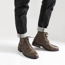 Men's Retro Work Boots, Round Toe, Thick Sole, Dual-Color Upper, Rubber Sole, Beige Stitching - Camel - View 4