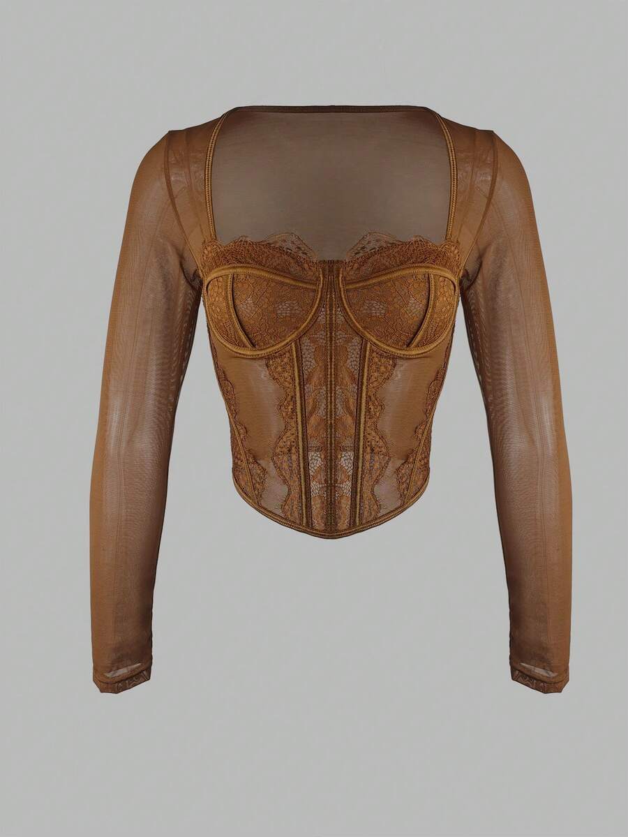 2025 Sexy Brown Lace & Mesh Bodysuit - Long Sleeve Trim, Slim Fit