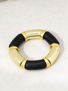 1 pieza Brazalete elástico de mujer de moda simple con bloqueo de color acrílico, adecuado para uso diario - Oro + Negro 1318 - Ver 2