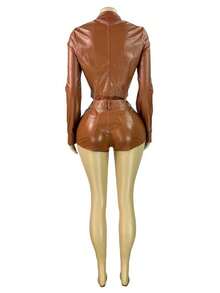 SEBOWEL PU Leather 2 Piece Set Women Sexy 2-Way Zipper Long Sleeve Jacket Top And Shorts Slim Motorcycle Style Club Party Outfits - Cà phê nâu - Xem 5