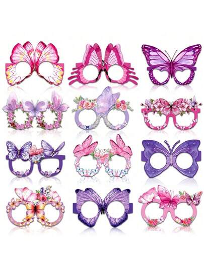 12pcs/6pcs Floral & Butterfly Pattern Paper Glasses, Party Decorations, Butterfly Theme Party Photo Props, Colorful Butterfly Glasses, Butterfly Theme Birthday Party Decorations
