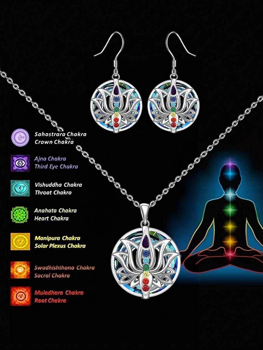 1pc Elegant 7 Chakra Lotus Flower Pendant Necklace, Yoga Chakra Healing Stone Bar Necklace For Women, Energy Balance Jewelry For Party, Anniversary, Birthday Gift - Multicolor - View 1